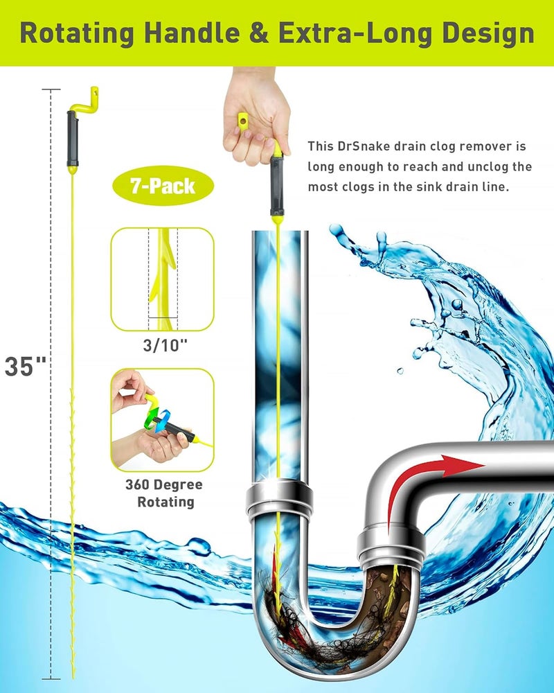 DrSnake 35inch Drain Clog Remover, Drain Cleaner Hair Clog Remover with Rotating Handle and 7 Refills, Drain Hair Remover Plumbing Snake, Easy and Quick Unclog Bathtub Drain, Sink, Shower (7 Pack) - Image 2